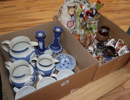 A quantity of ornamental china including Staffordshire figures, Wedgwood and a Burmantoft jardiniere stand